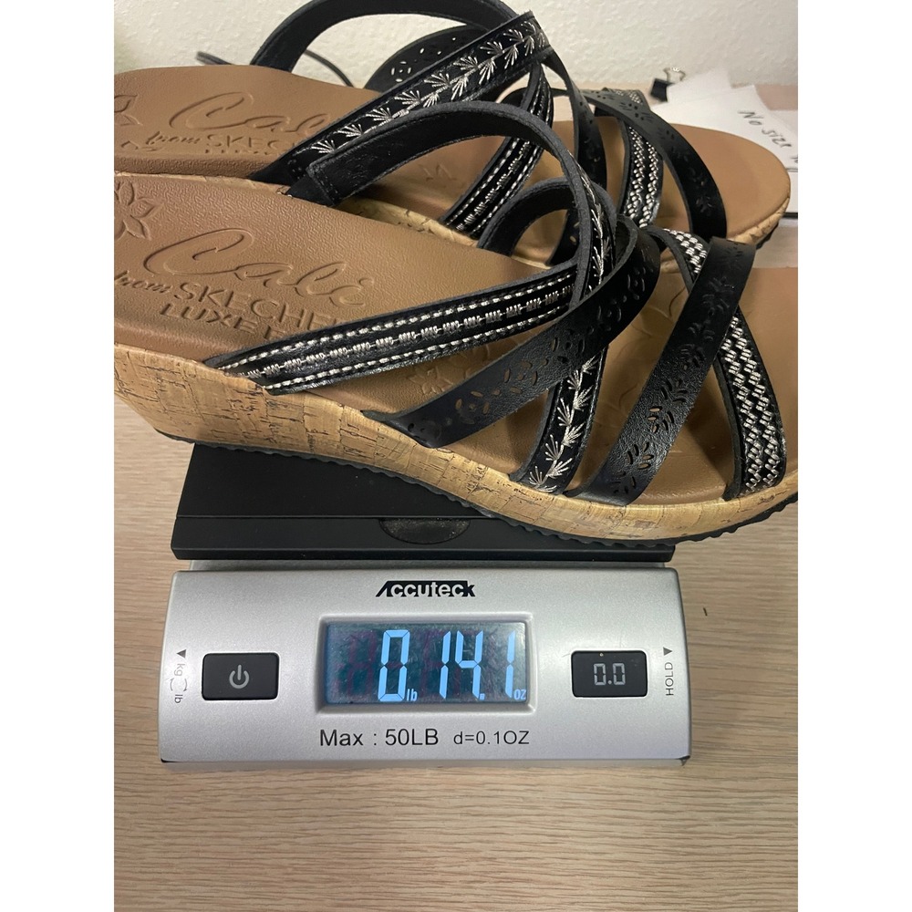 Skechers Cali Womens 9 Black Luxe Foam Wedge Sandals 31714 Strappy Cork Heel - Picture 8 of 8